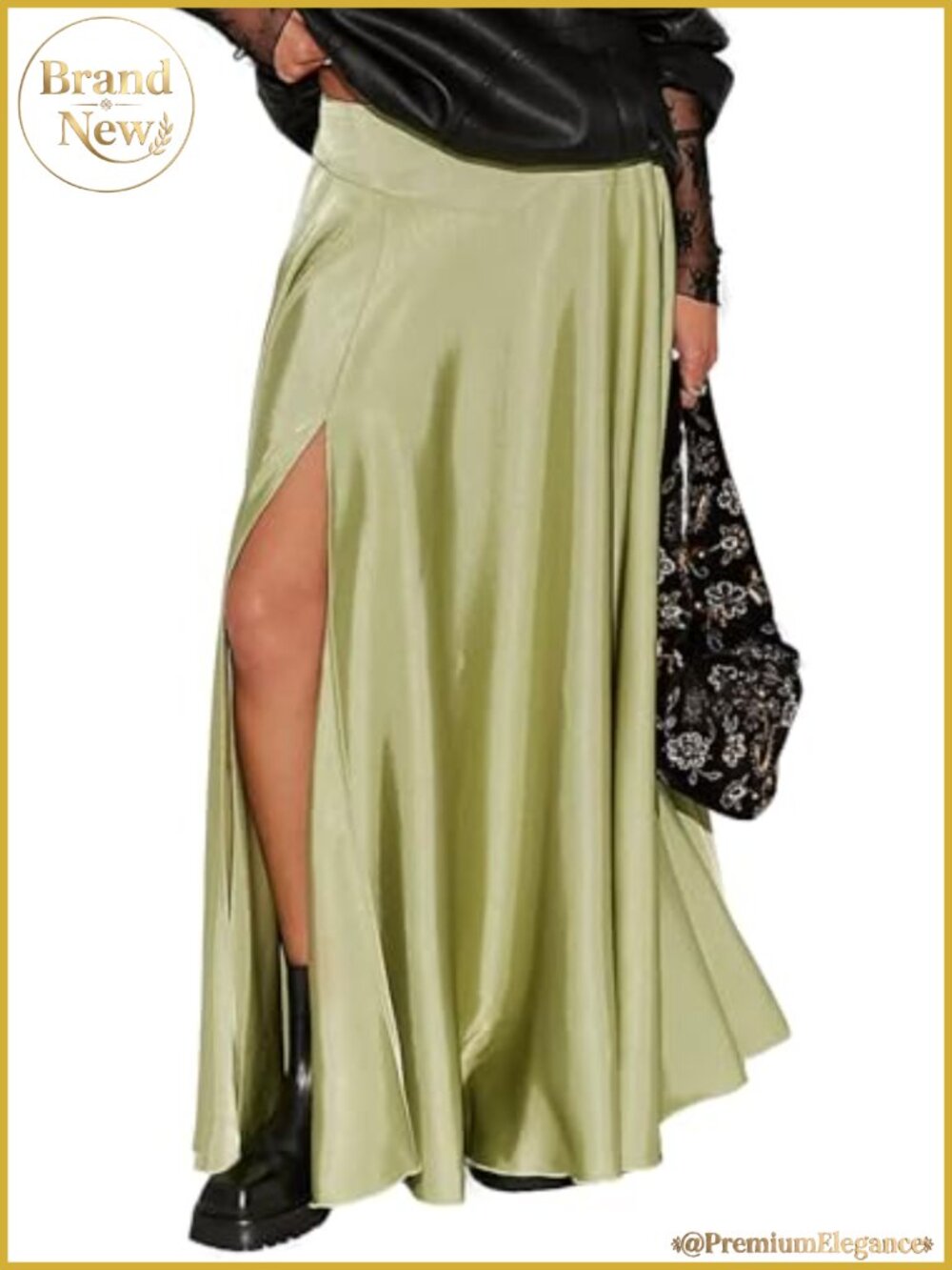Women's Satin Maxi Skirt Side Slit A-Line Long Skirts with Pockets